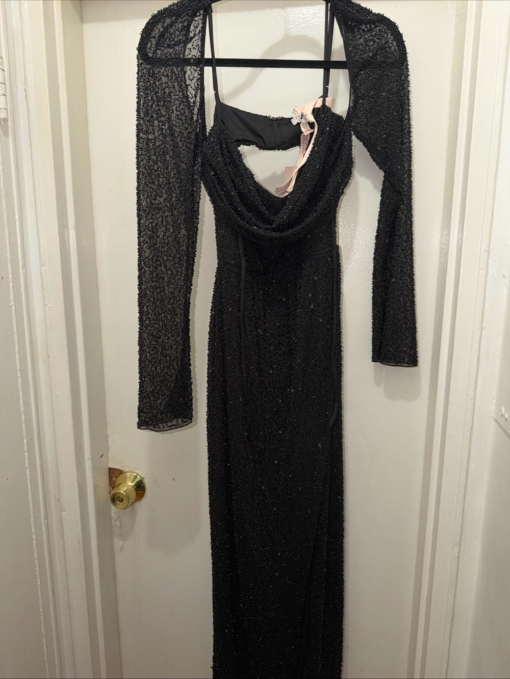 Oh Polly Black Beaded Long Sleeve Cowl Neck Gown
